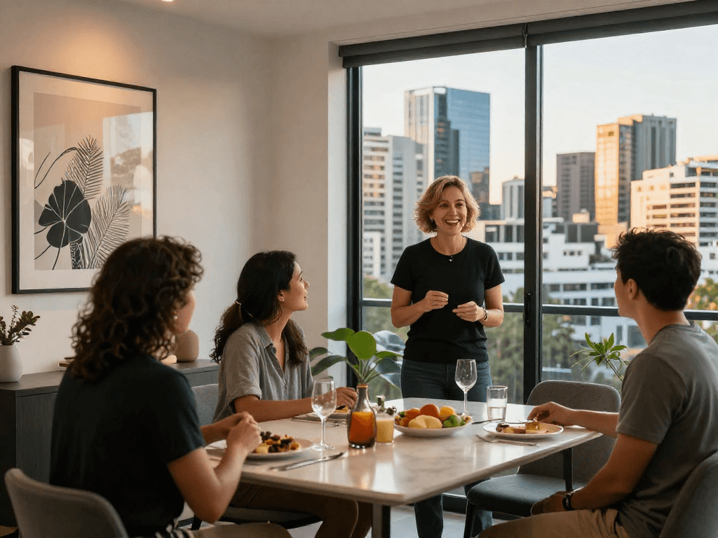 Inviting atmosphere of airbnb management brisbane, with a host and guests in a stylish Brisbane apartment.