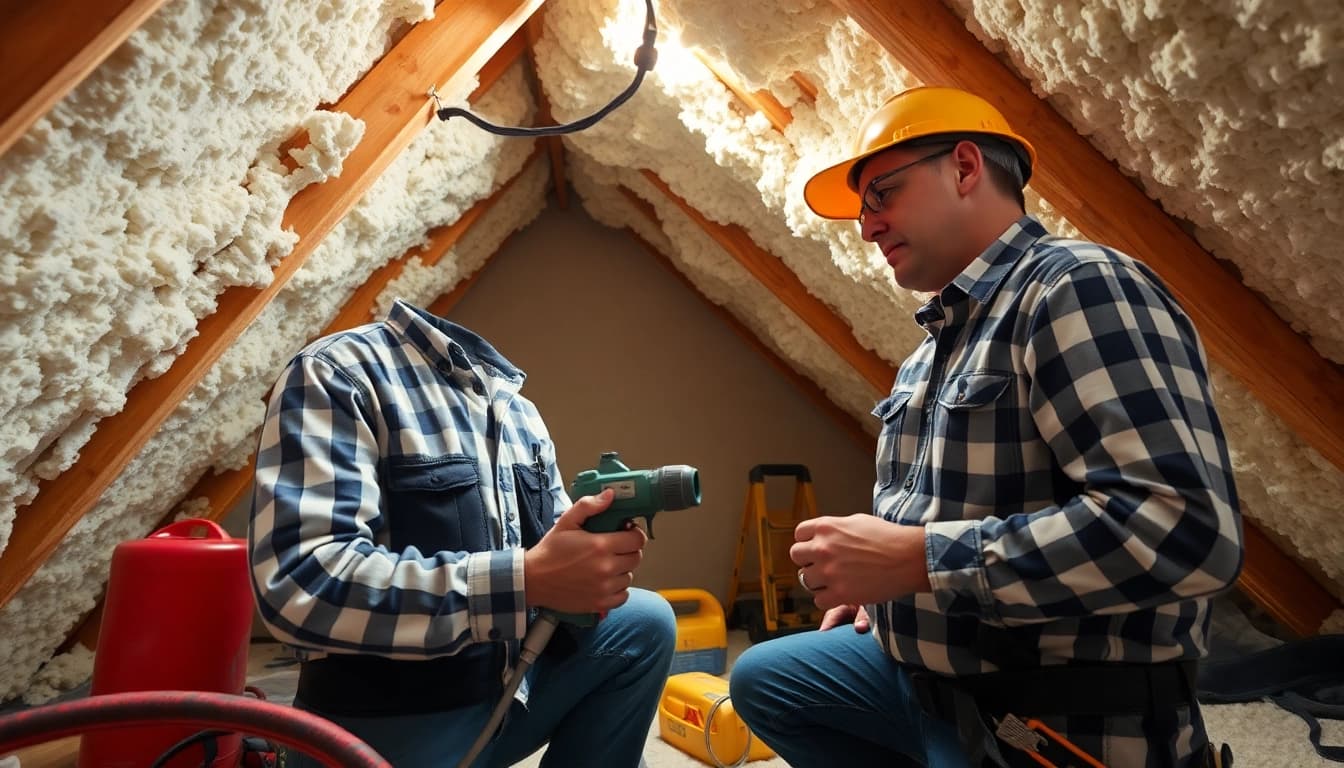 Inspecting spray foam mortgage problems in an attic with tools and natural lighting.