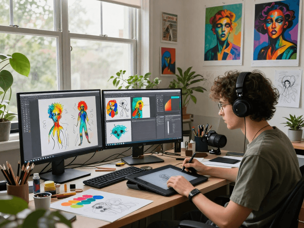 AI nsfw artist creating provocative digital artwork in modern studio with vibrant colors and creative elements.