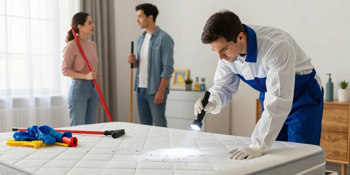 Professional bed bug pest control in a bright bedroom, exterminator inspecting a mattress.