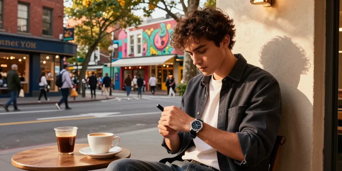 Fashionable individual showcasing super clone watches in a vibrant city cafe.