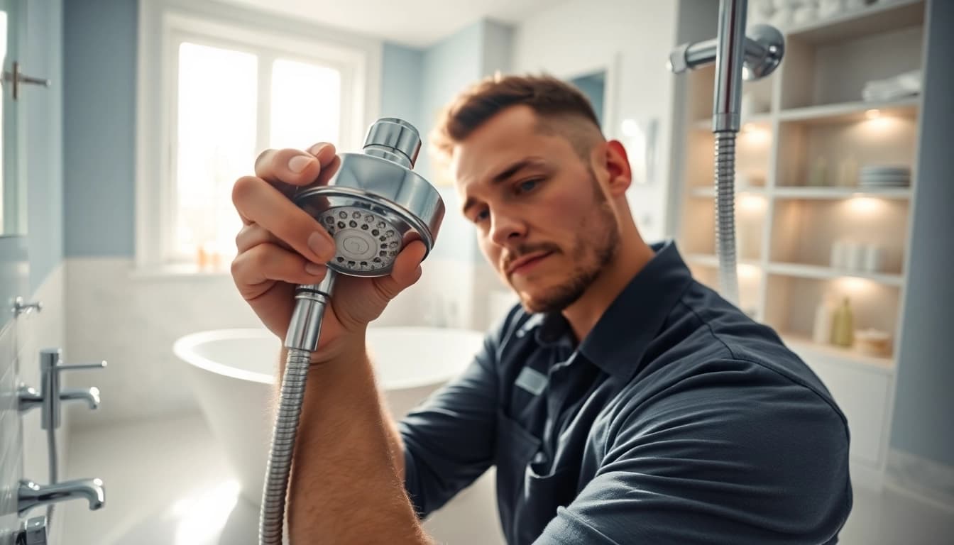 Plumber fixing a shower not working in a bright, modern bathroom setting.