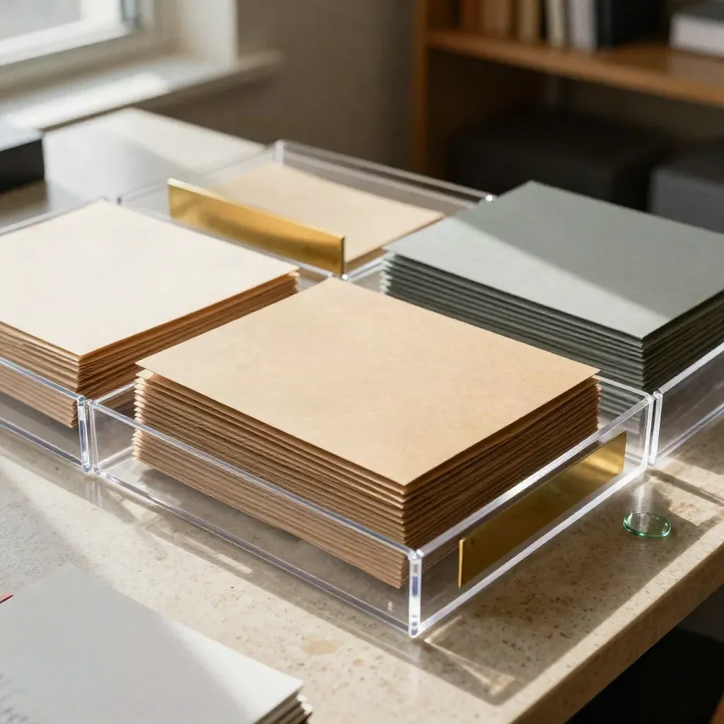 Top-down trays with aligned grant folders and a green glass marker in warm daylight.