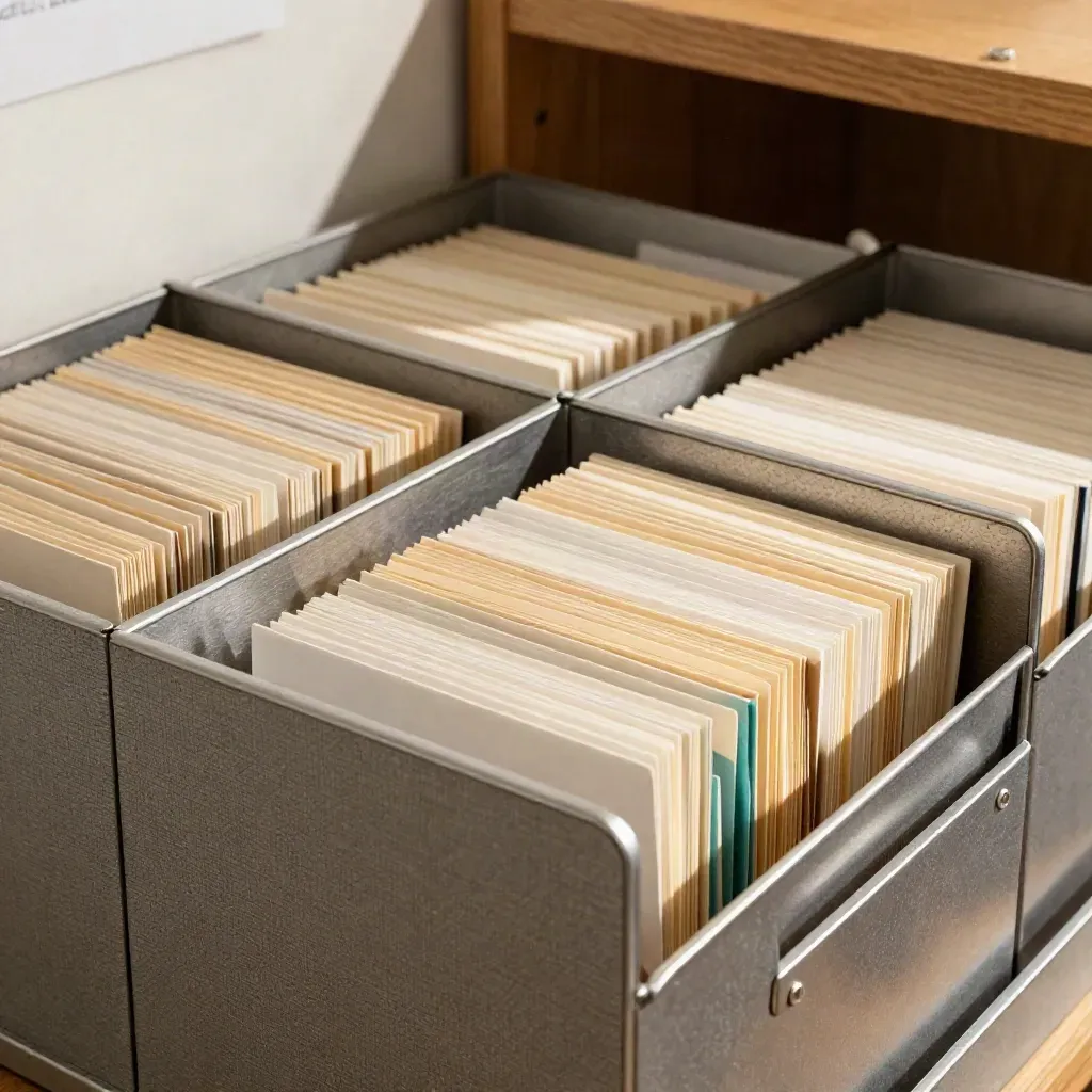 Grant search archive with regional folders and lead trays under soft daylight.