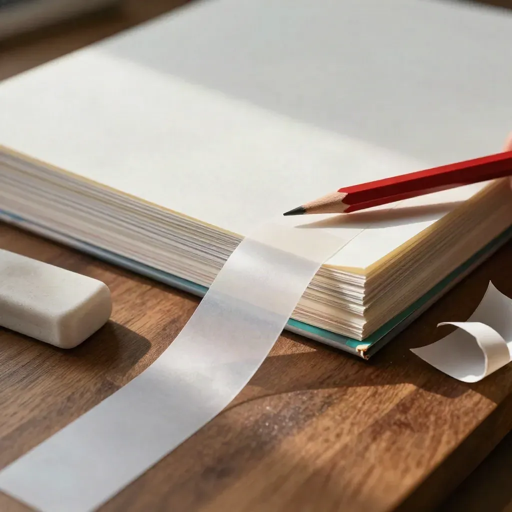 Editing set with translucent strips, red pencil, eraser and draft stack on walnut board