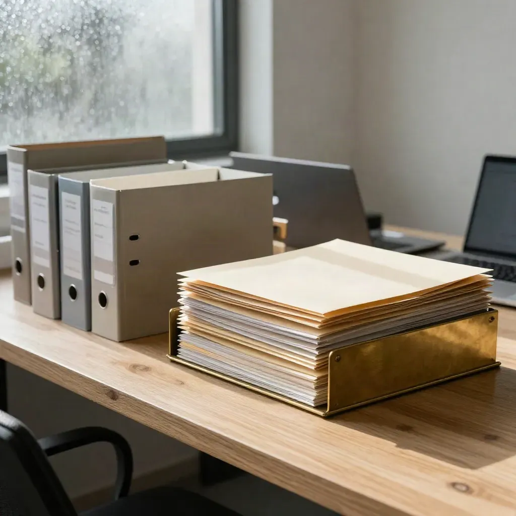 Pale oak planning bench with grant folders, archive trays, envelopes and a closed laptop in morning light.
