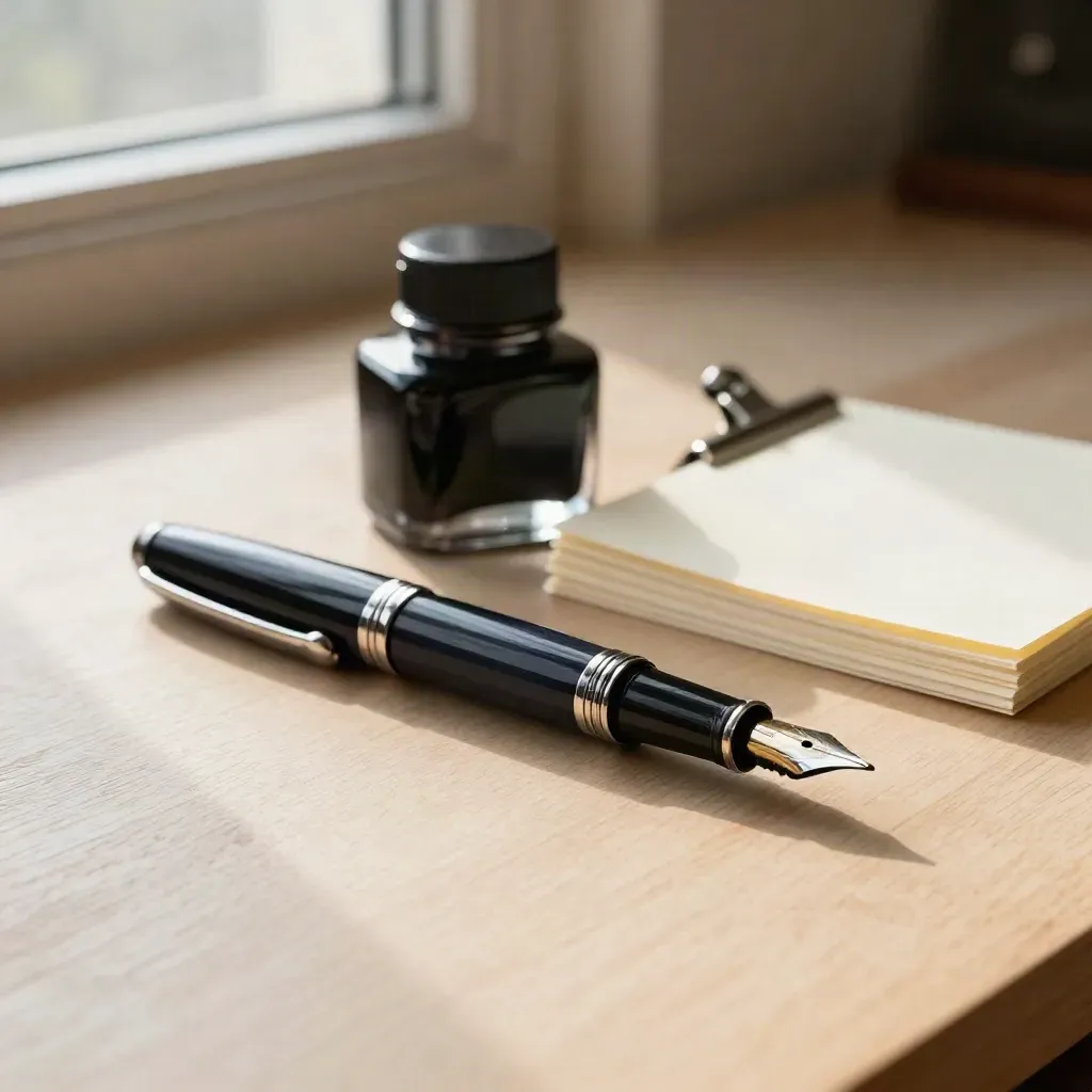 Fountain pen, ink bottle, blank cream sheets and clip on pale wood in warm light