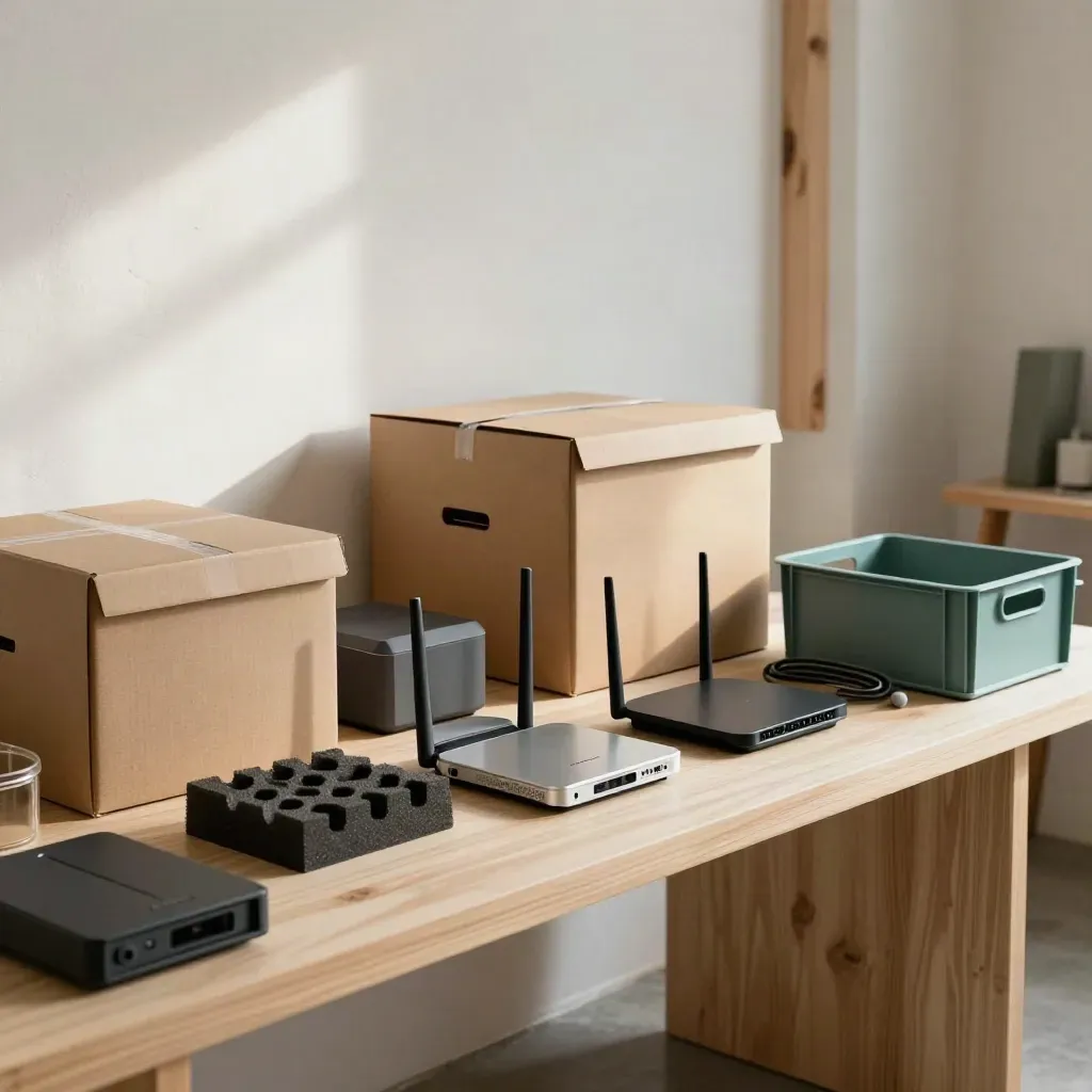 Finished startup studio with prototype bench, boxed hardware and warm daylight.
