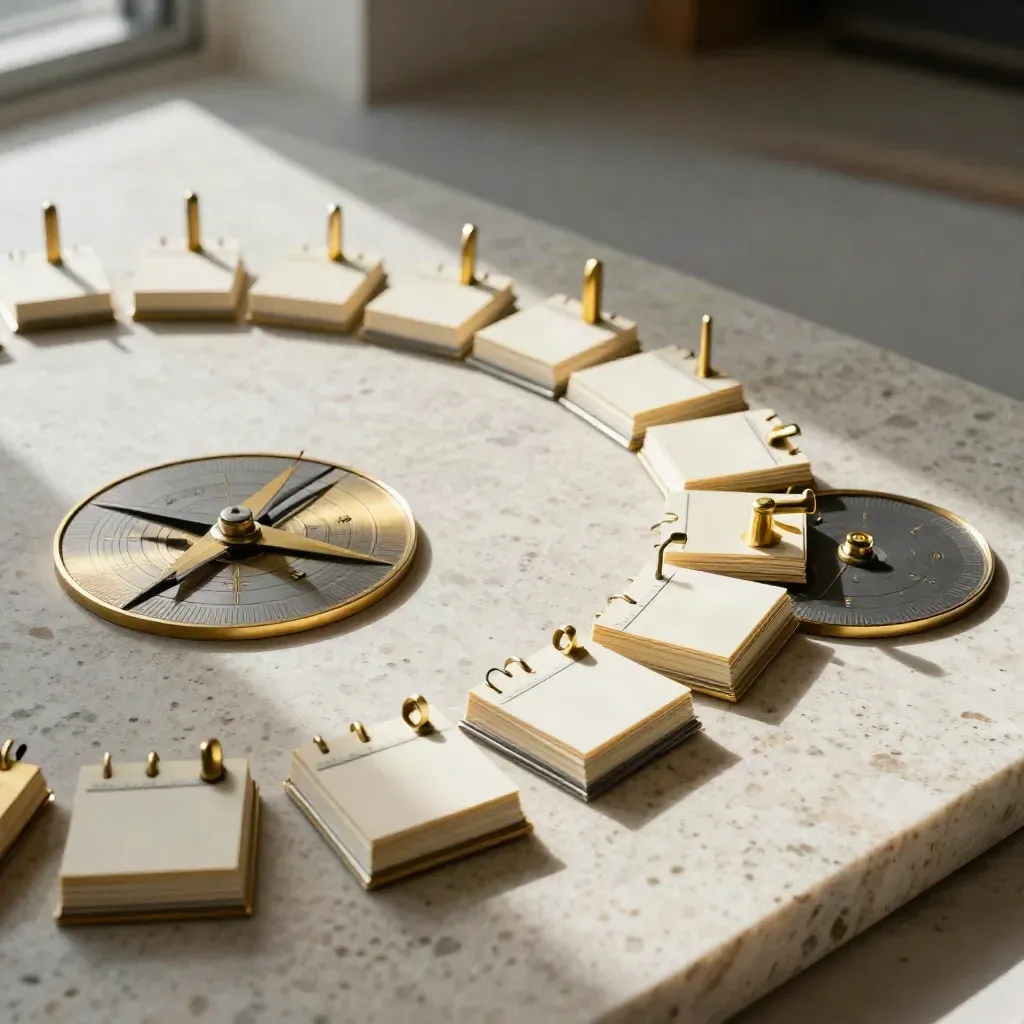 Brass planning markers, calendar blocks and a planning disc on pale stone, lit dramatically.