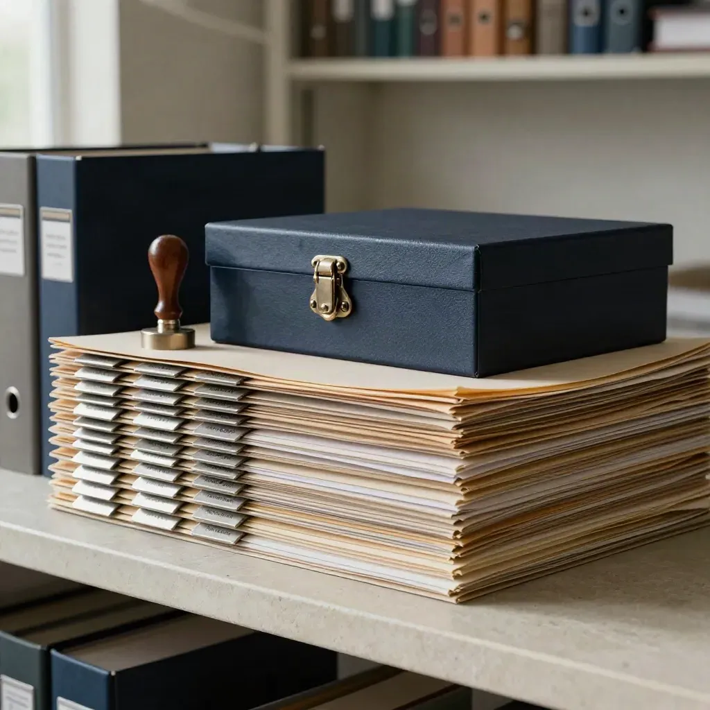 Centered compliance kit on a stone shelf, archival sleeves, metal tags, seal stamp and locked box.