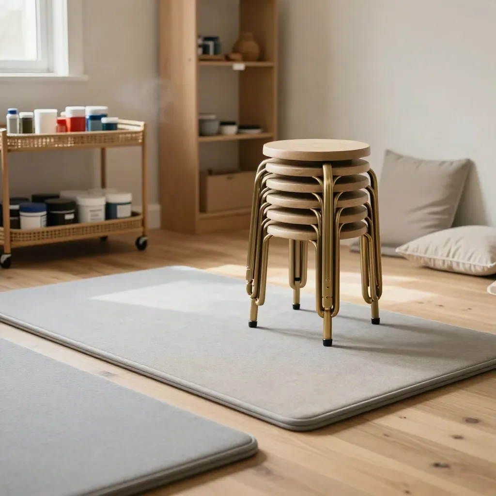 Bright community room with soft-play mats, stools and art storage ready for youth sessions.