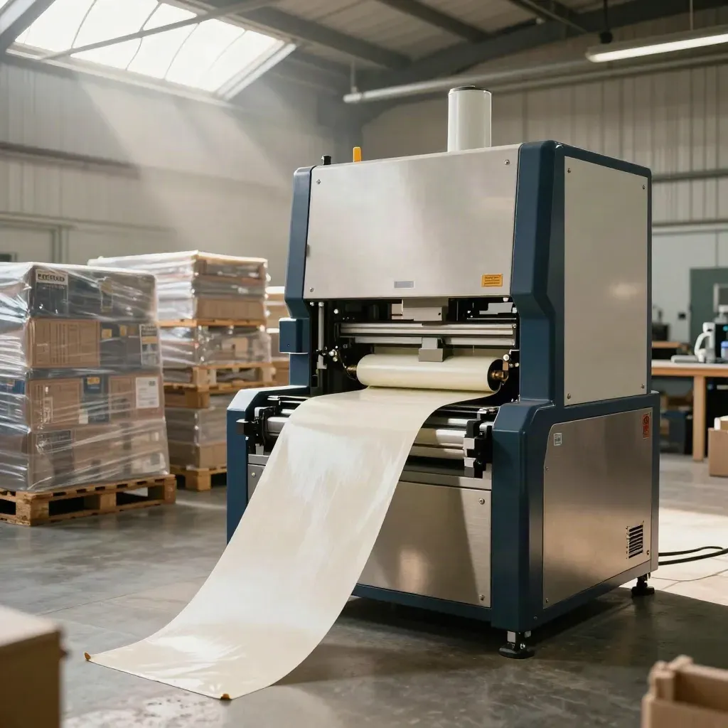 A new workshop machine, wrapped pallets and finished crates poised for expansion.