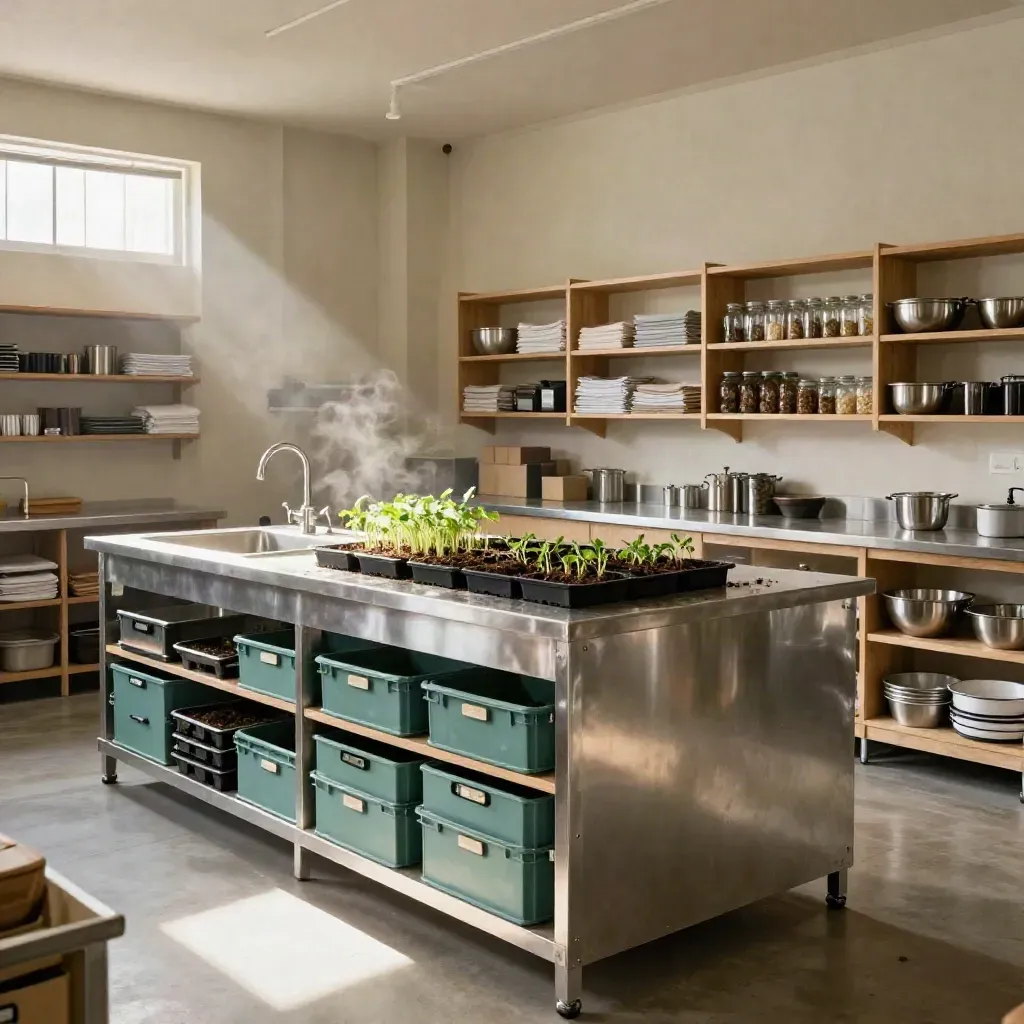 Refurbished community kitchen with seed trays and teal storage crates in a funded social enterprise hub.