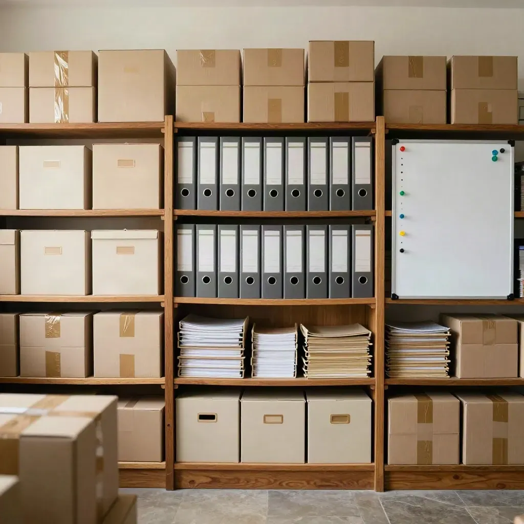 Sorted archive shelf with parcel stacks and a turned route board in a calm grant office.