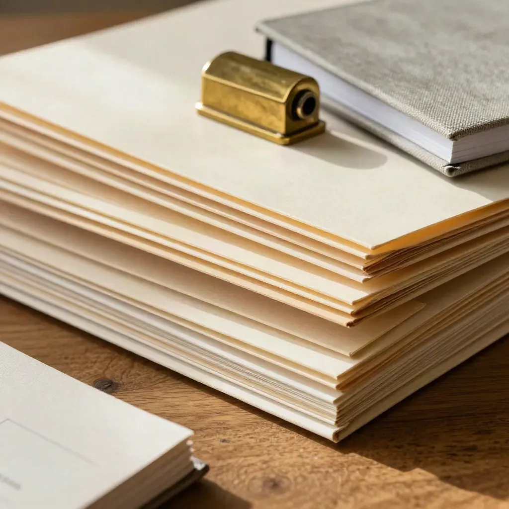 Colour-tabbed grant folders, brass paperweight and closed notebook on warm oak