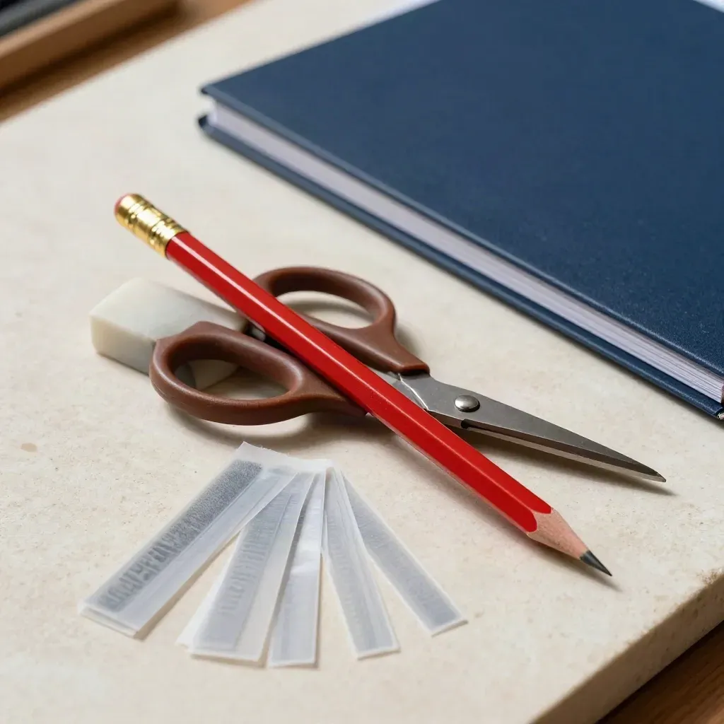 Editing tools arranged on pale stone for a bid review, with a red pencil and scissors