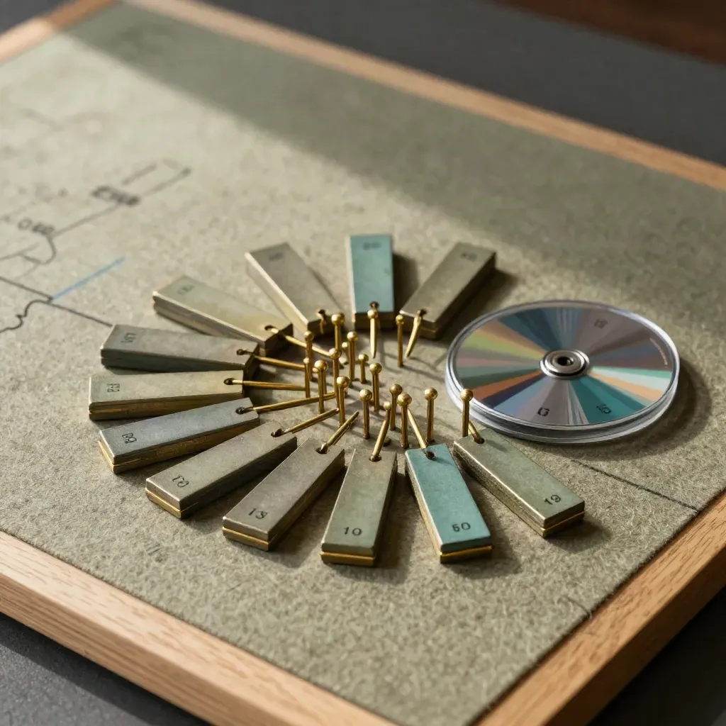 Macro of brass planning pieces on a khaki project board under raking light.