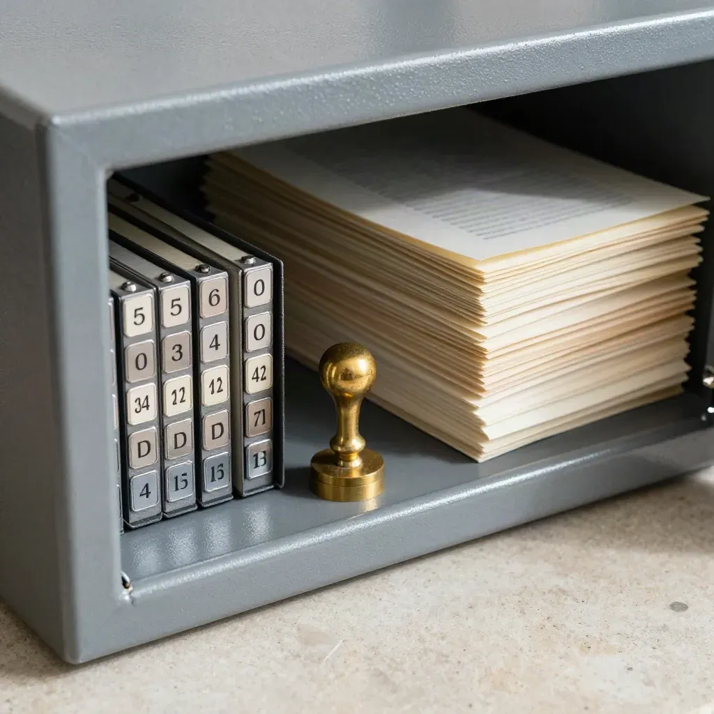 Fireproof archive safe with metal tags, seal stamp and audit sleeves in a compliance records room.