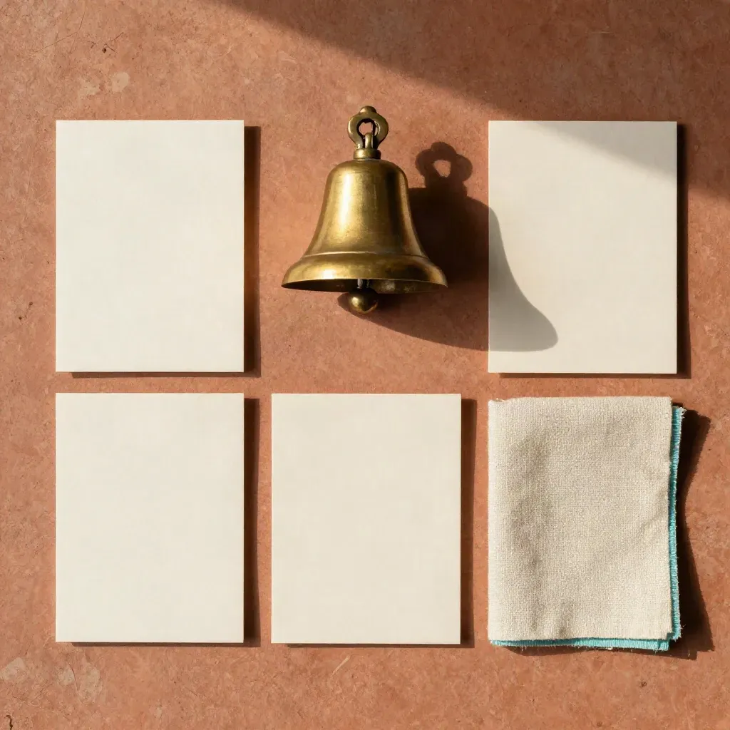 Overhead still-life of blank cards, brass bell and linen swatch on terracotta plaster.