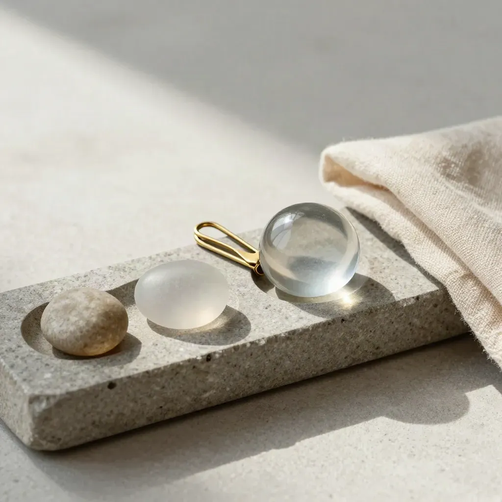 Glass pebbles and brass clip in a stone tray with soft side light.