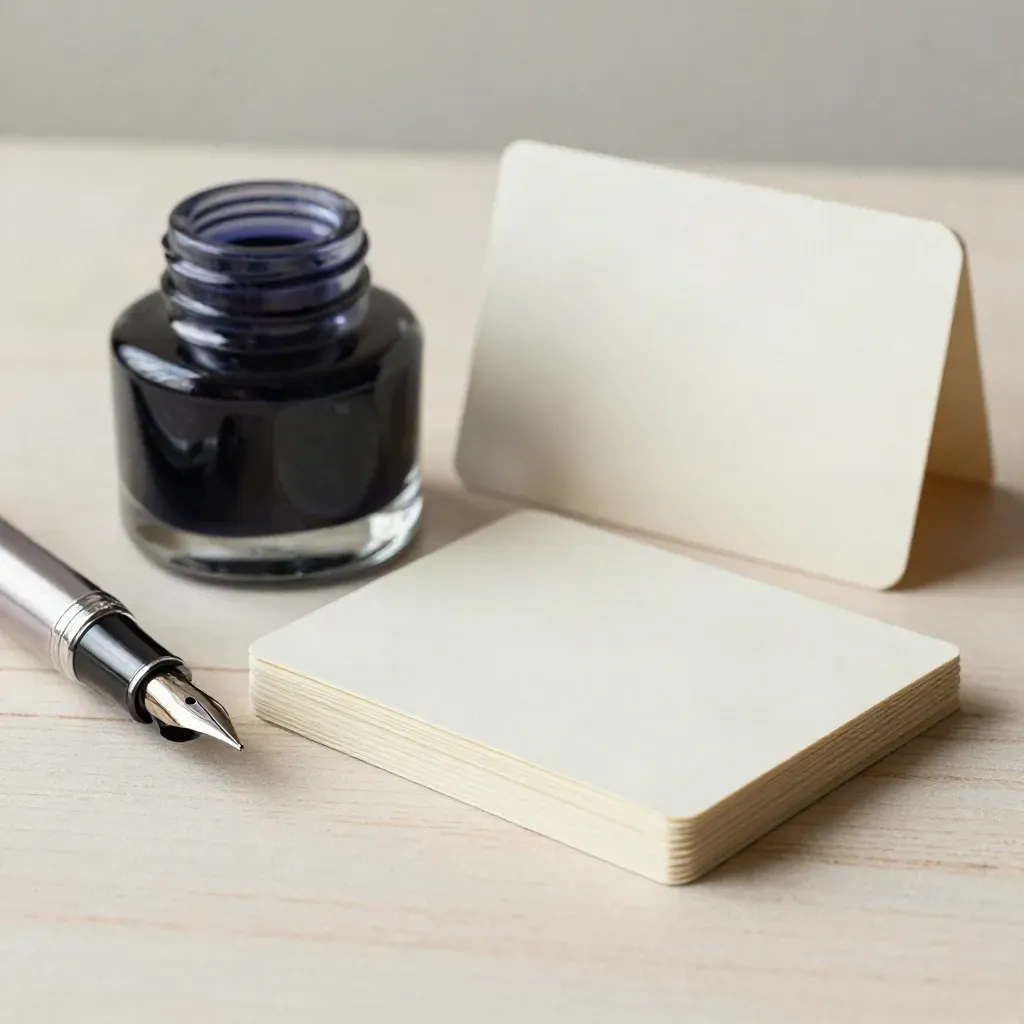 Pen nib, glass ink well, and cream cards on pale wood in soft side light.