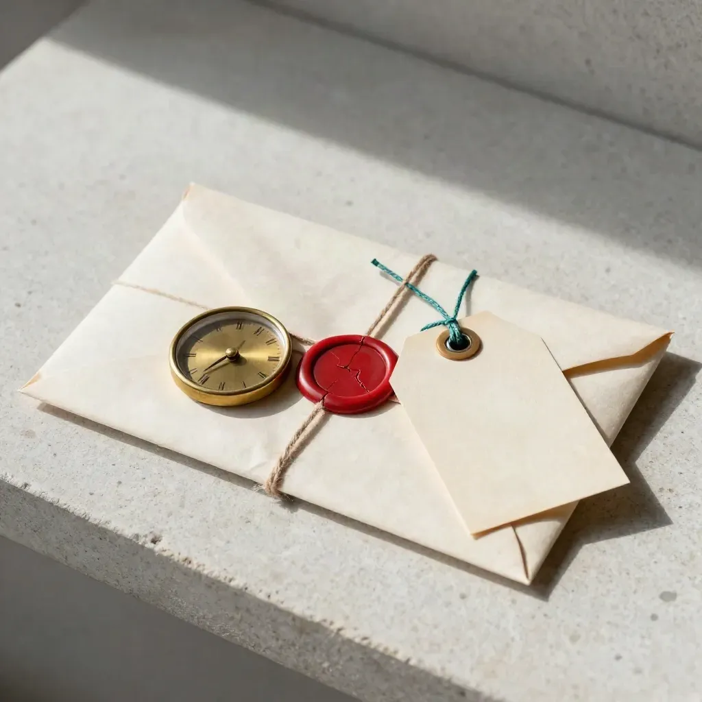 Wax-sealed envelope with twine, brass clock face and dispatch tag on stone