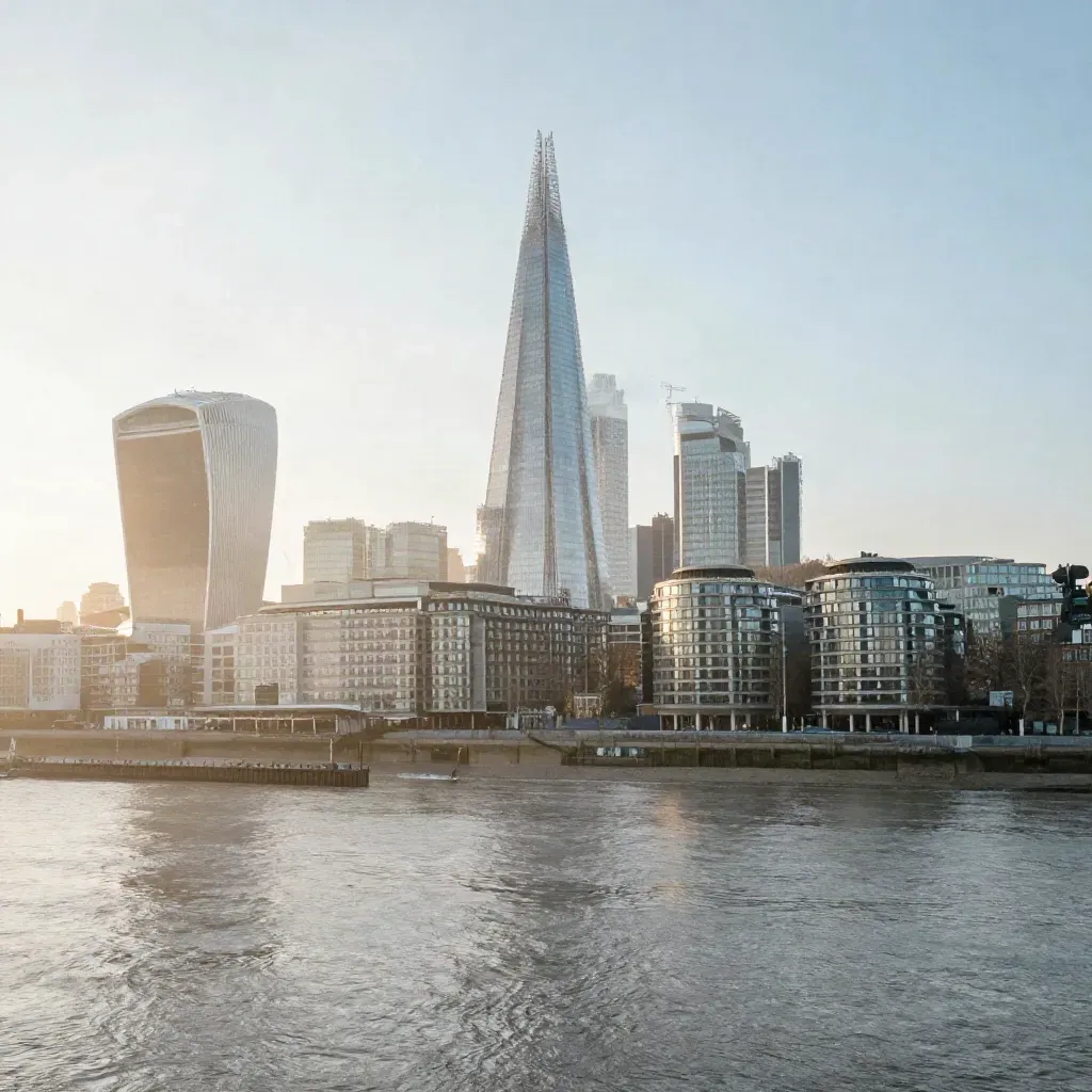 London skyline at dawn with the Shard above misty Thames and calm riverfront