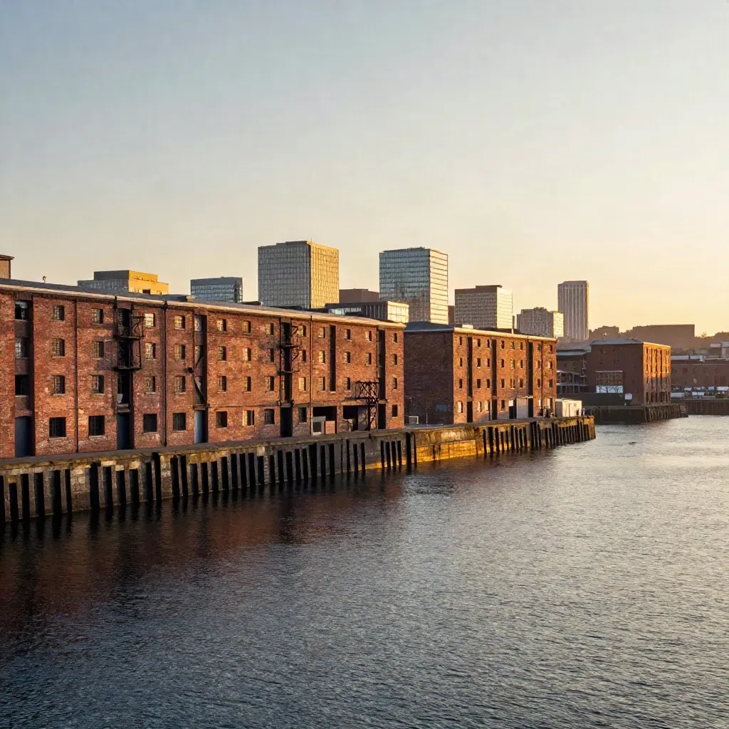 Sunset over North West waterfront warehouses and distant towers above a calm harbour