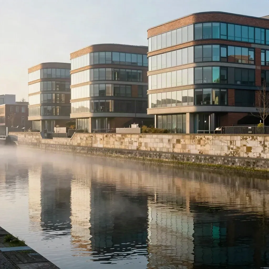 Birmingham canal basin at golden hour with curved modern façades and brick edges above calm water