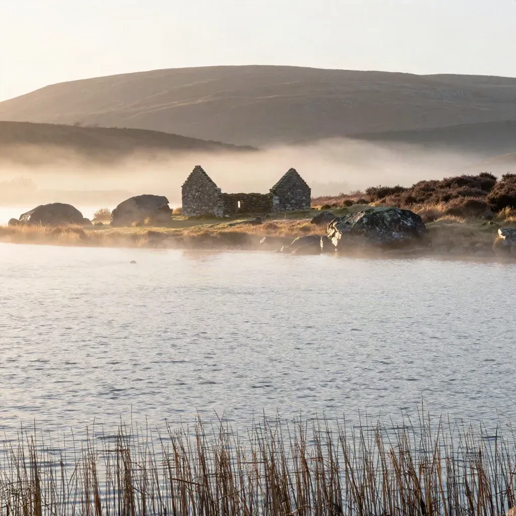 Misty Scottish loch at sunrise with distant stones and calm water for headline copy
